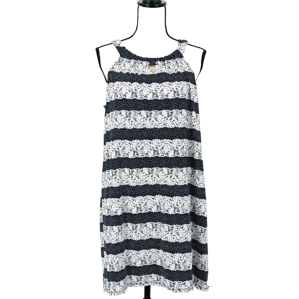PERCEPTIONS NY Women's L Navy Blue & White Sleeveless Halter Lace Stripe‎ Dress